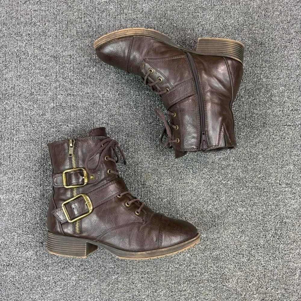 Women's White Mountain Brown Straps Harness Gold Buckle Side Zip Boots Size 8 M